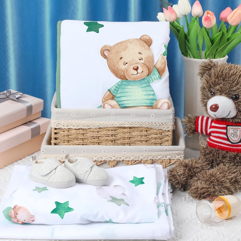 3 Pcs Crib Bedding Set for Boys Include Cloud Balloon Bear Theme Crib Sheets,...