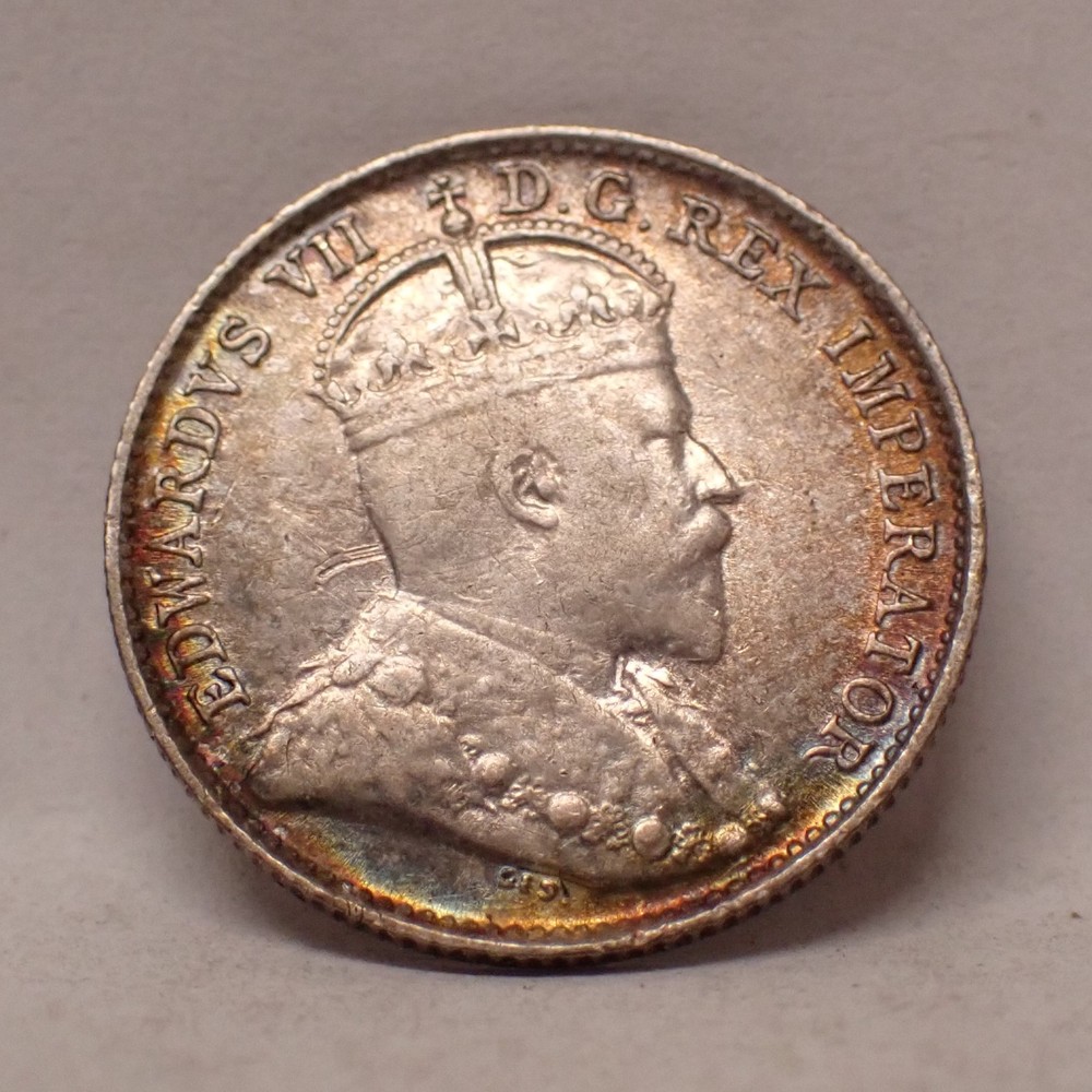 1906 Canada 5c Silver Rainbow Toned AU