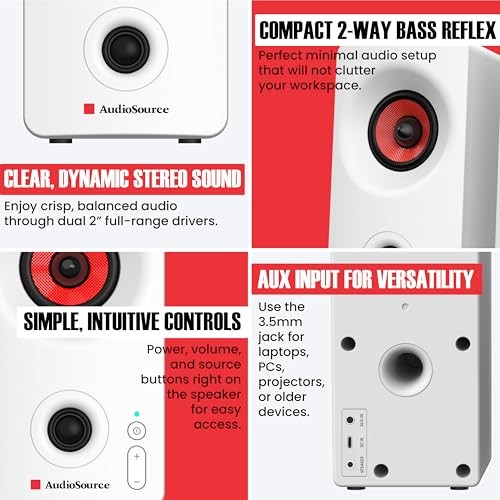 Audiosource Desktop PC Speakers with Bluetooth 5.3, USB-C Plug & Play, White