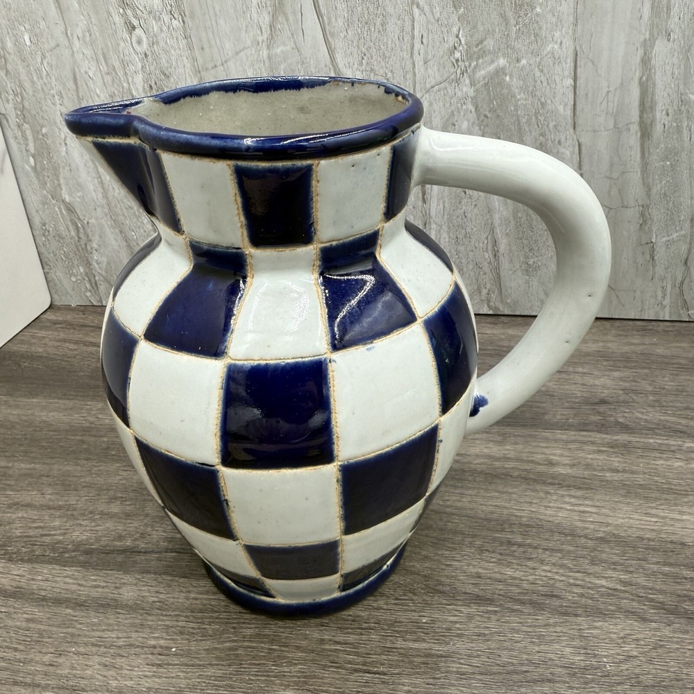 Handmade Ceramic Checkered Pitcher – Cottage Core Style – Signed, 7.5” Tall