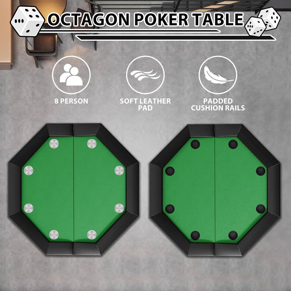 8 Player Poker Table Foldable, Octagonal Texas Hold'em Table with Cup Holders