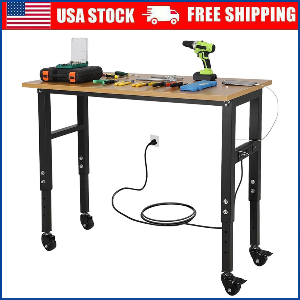 48" Adjustable Workbench, with Power Outlets Lockable Wheels Workshop 2000 Lbs