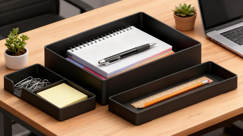 Rectangular Plastic Desk Organizer Bundle, 3 Pieces with Half Accessory Tray, Sm