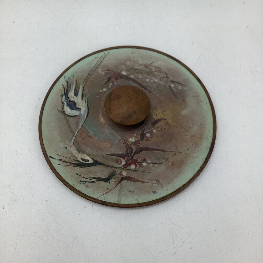 Vintage Solid Copper Blue Heron Hand Painted Lid 6" for 5.5" Pot