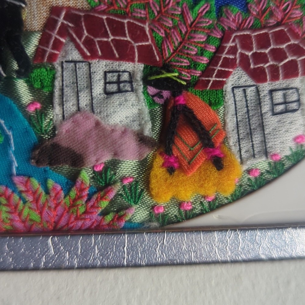 Framed Folk Boho Embroidery Patchwork Scene Hand-Stitched Textile Patchwork Art