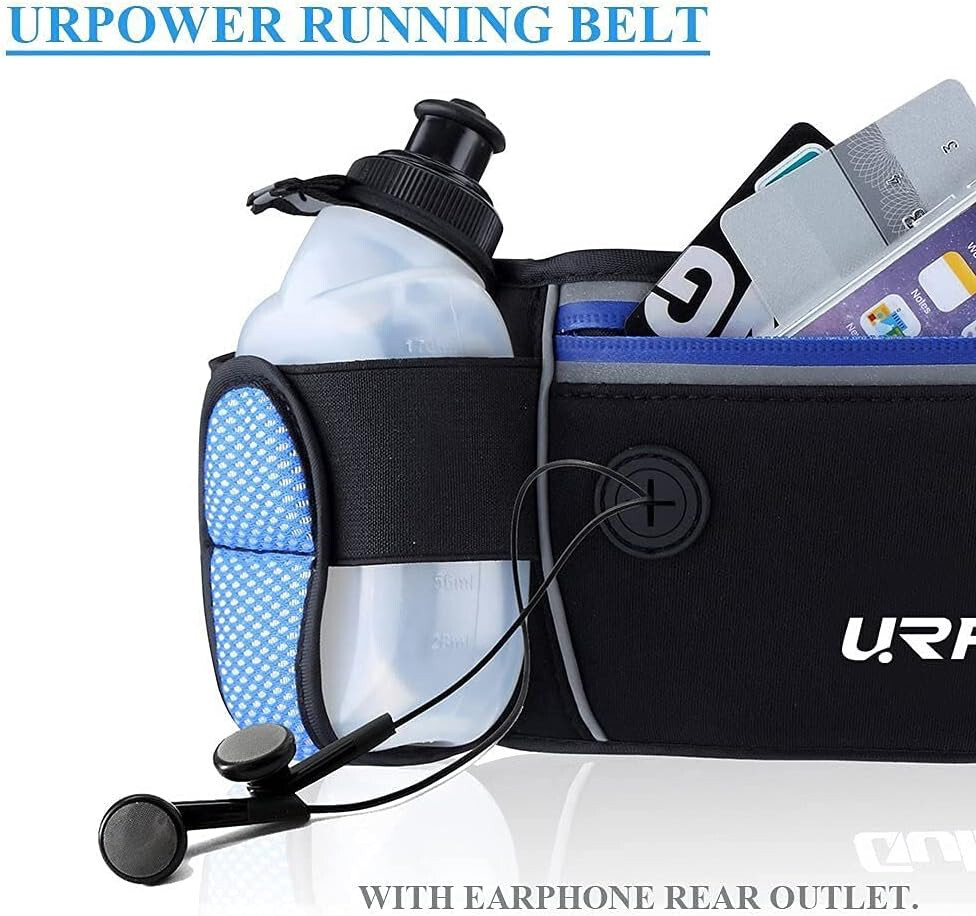 Urpower Running Belt Black/Blue Wide Adjustable Strap Water Bottles Pocket