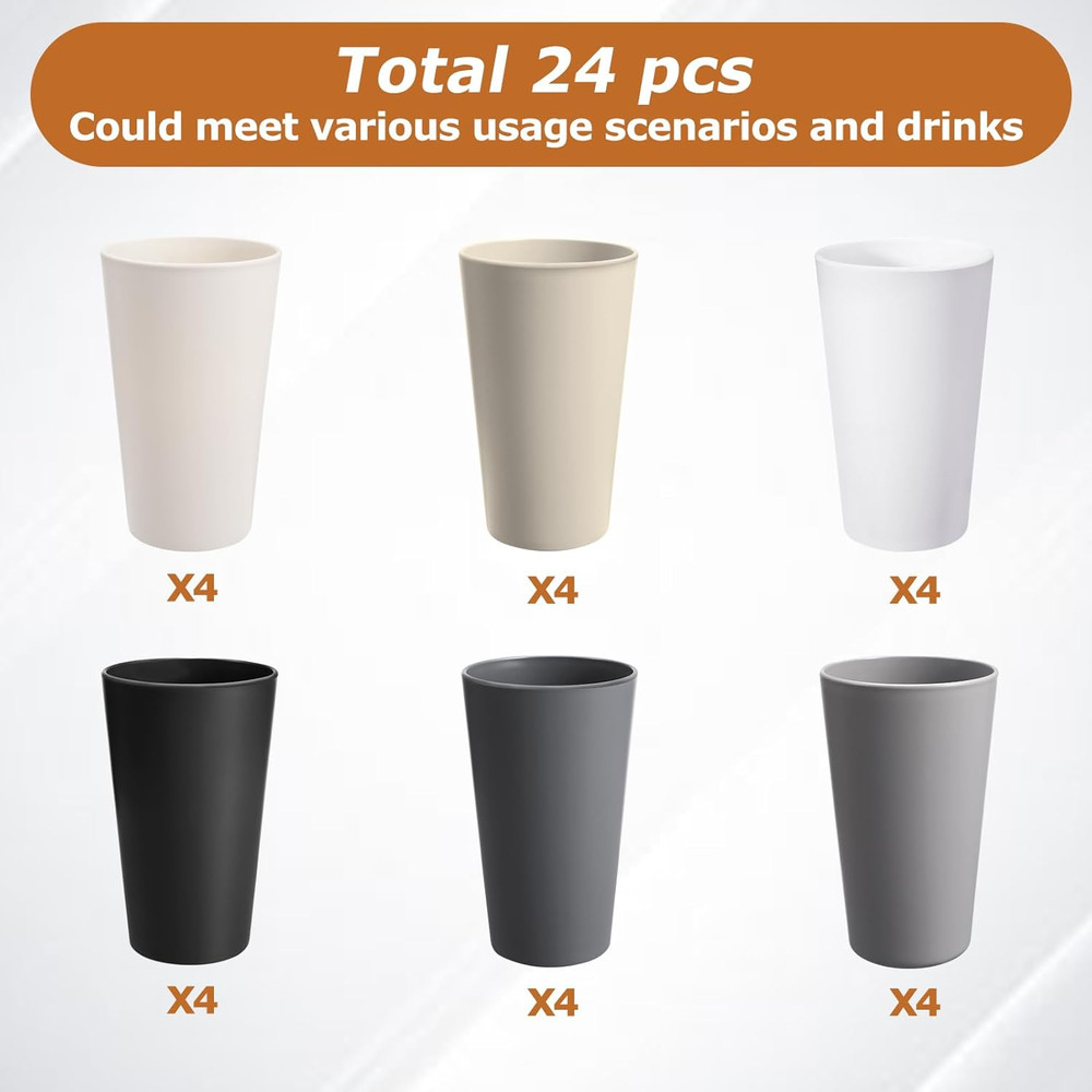 24 Pcs Unbreakable Plastic Cups Set, 20 Oz Reusable Plastic Cups, Stackable Wate