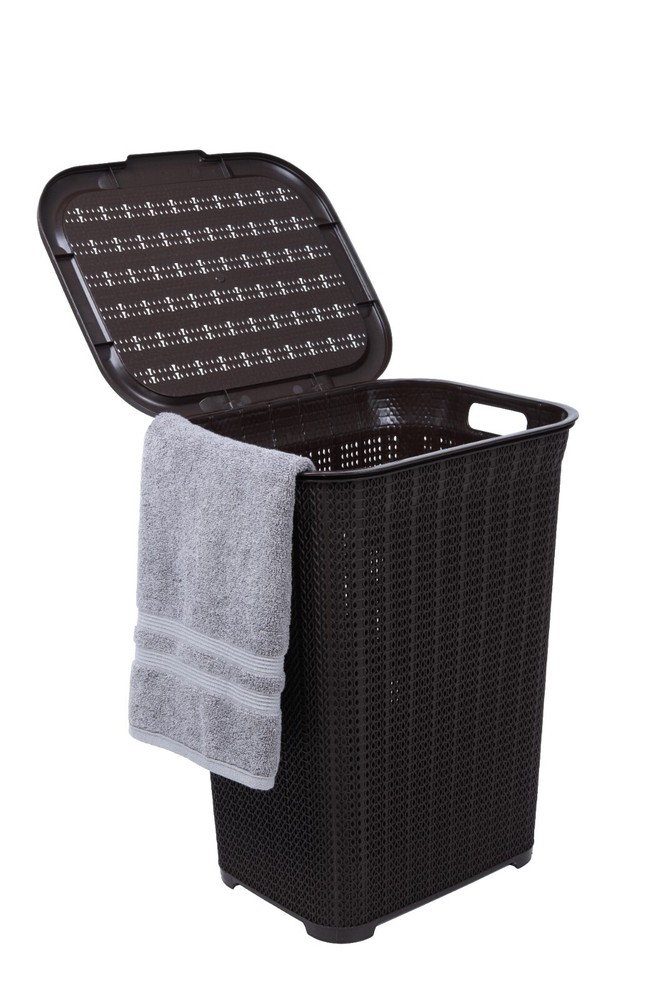 Plastic Laundry Hamper with Lid 50 Liter , Brown 2 Pack Knit Designed, Durable