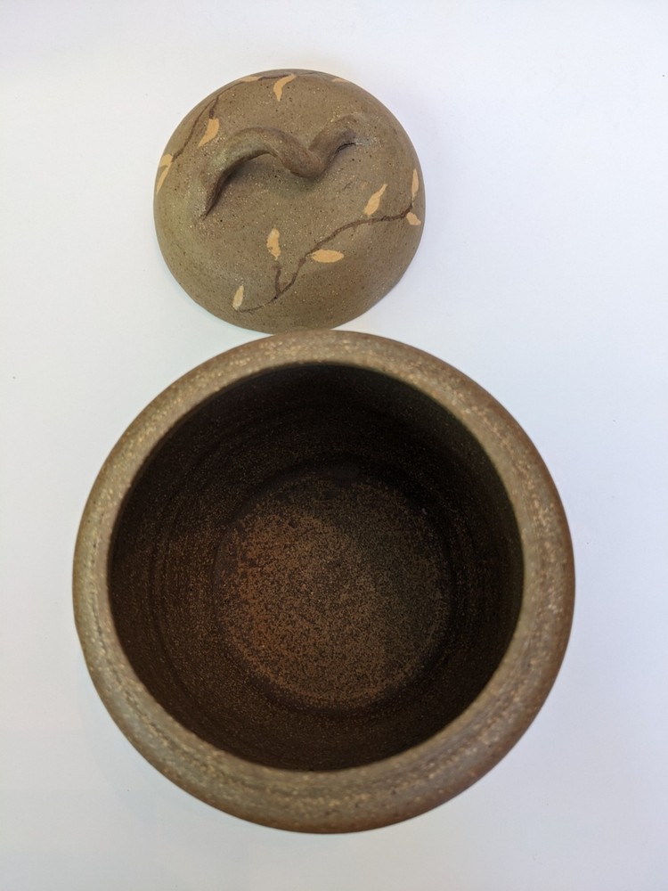 Handmade Pottery Jar Bird & Branches Pattern Handle Lid Matte Clay Brown