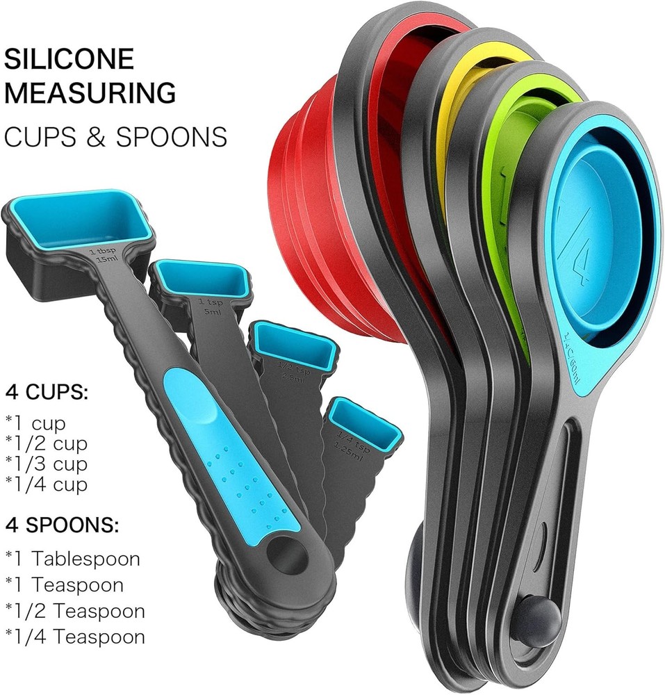 Kaptron Tools Spoons and Collapsible Measuring Cups Set 8 Pieces, Multiple Sizes