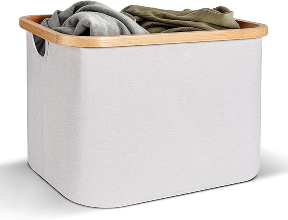 Spacious foldable clothes hamper with lid, bamboo handles, sturdy and portable