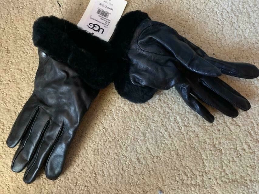 NWT UGG Shorty Shearling Cuff Leather Gloves SMALL BLACK
