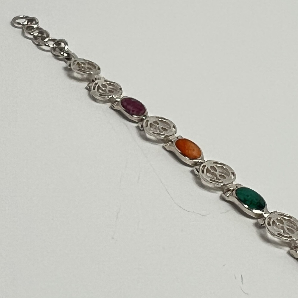 Peruvian 925 Sterling Silver Multi Gemstone Link Bracelet