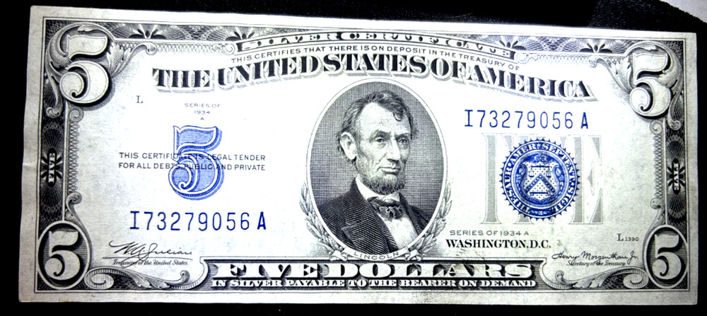 1934-A  SILVER CERTIFICATE FIVE DOLLAR BLUE SEAL  UNCIRCULATED NOTE $5