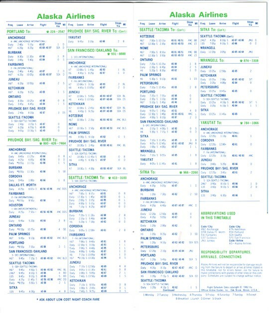 Alaska Airlines timetable 1982/02/15