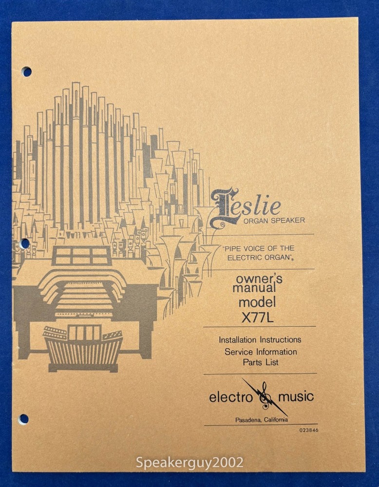 Original Leslie Speaker Model X77L Owner's Manual