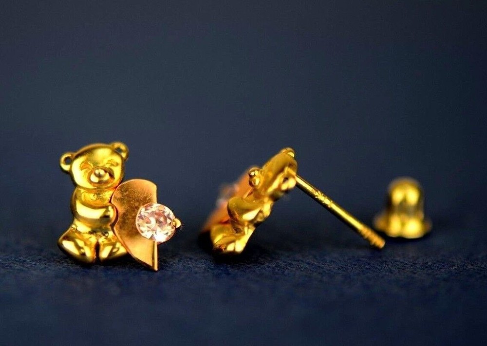 14k Yellow Gold CZ Heart Bear Stud Earring