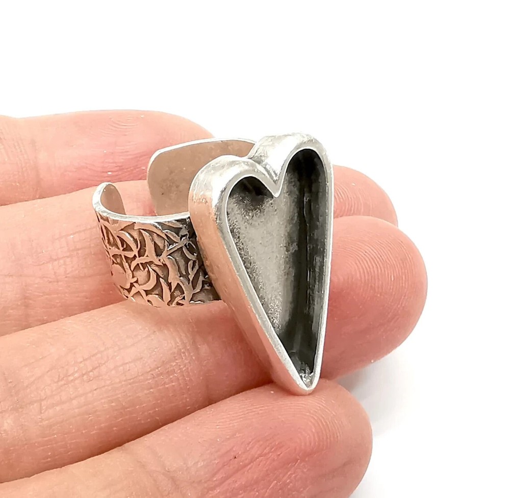 Heart Ring Blank Settings, Cabochon Mounting, Adjustable Antique Silver G33651