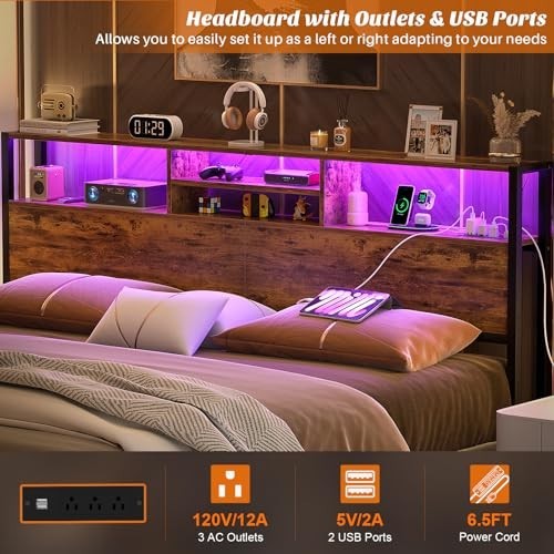 King Size Headboard with Storage, USB Ports, LED Light, Height Adjustable, Rusti