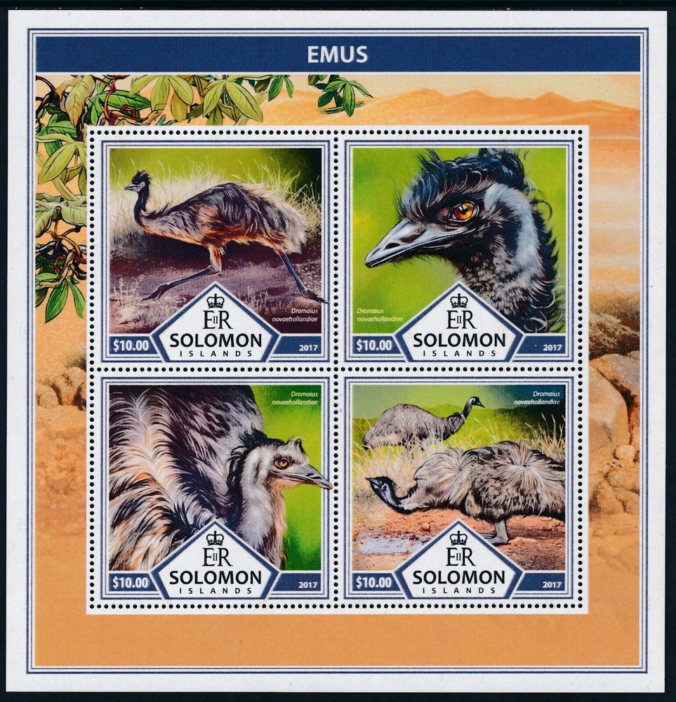 2017 SOLOMON ISLANDS EMUS MINI SHEET (4 STAMP) FINE MINT MNH