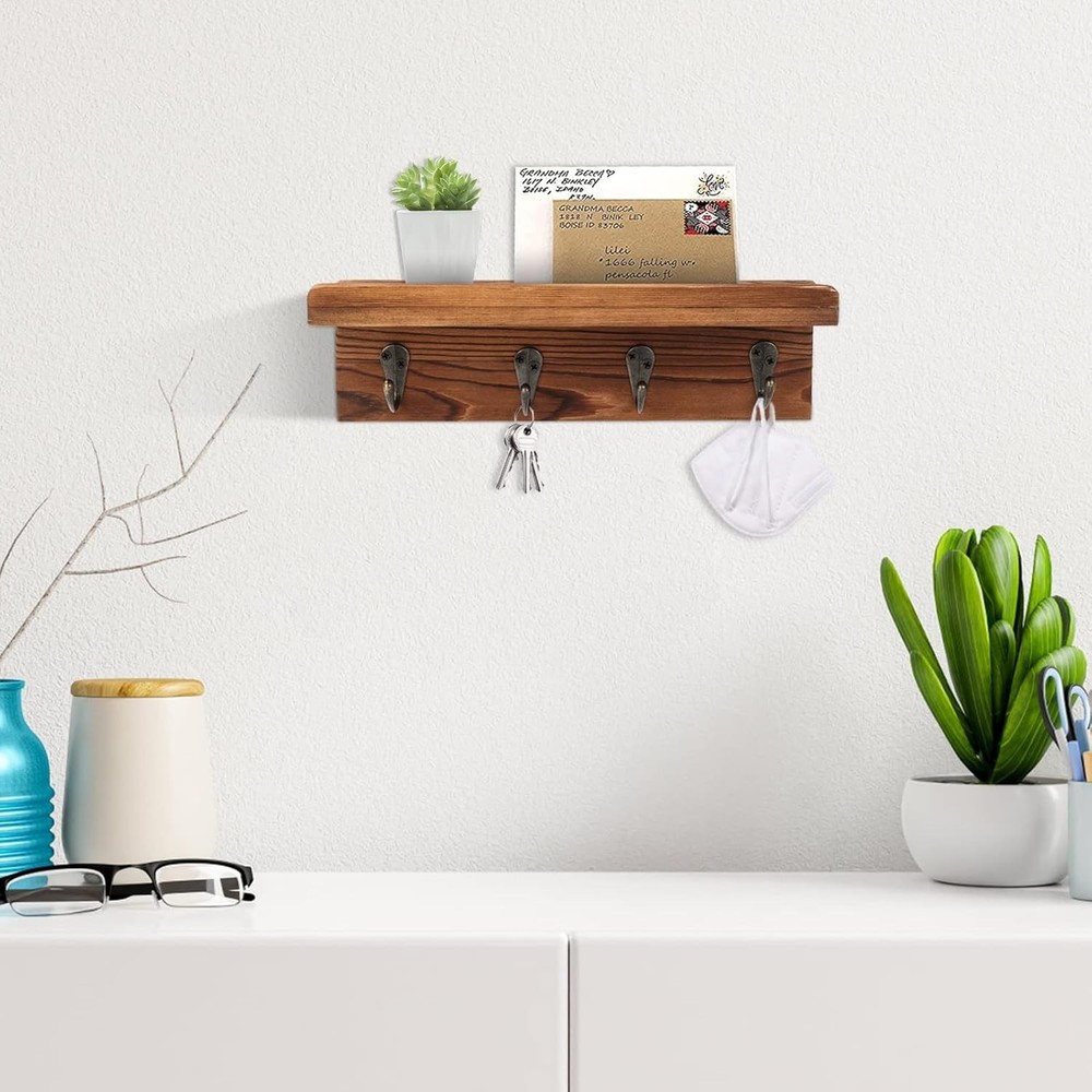 Rustic Key Holder Wall Farmhouse Wall Shelf 4 Hooks Wall Mounted Key Racks