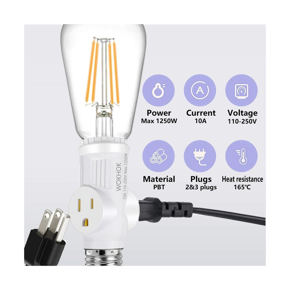 2 Pack E26 Light Socket to Plug Adapter with Bulb Socket White