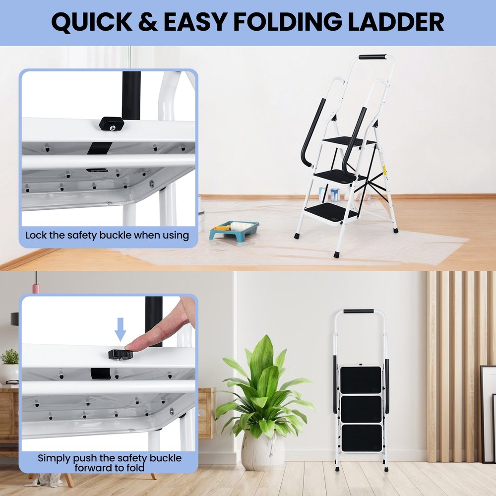 3 Step Ladder with Hankdrails, Portable Folding Step Stool with Safety