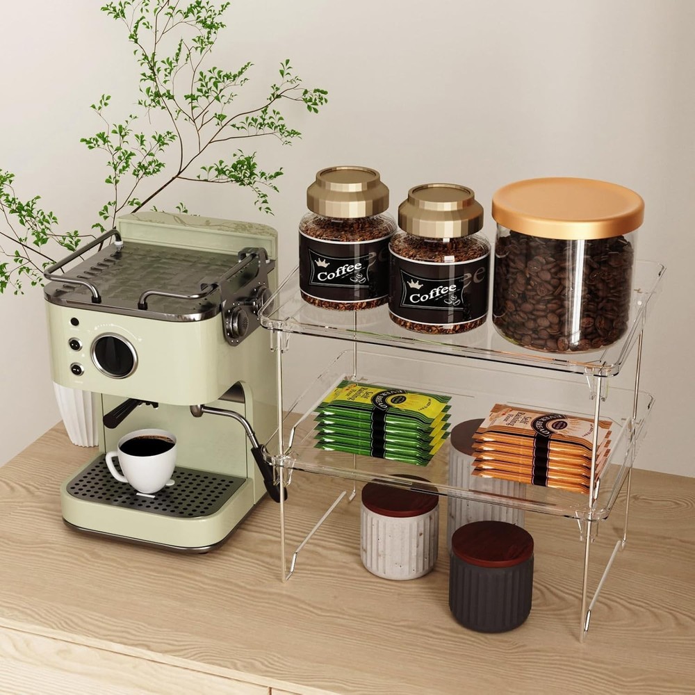 Set of 2 Counter Shelves Kitchen Stackable Cabinet Shelf Organizer Expandable