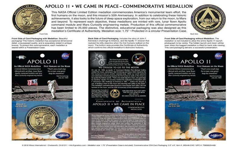 APOLLO 11 50th Anniversary-BACK TO THE MOON-LUNAR FLOWN METAL MEDALLION - W/COA