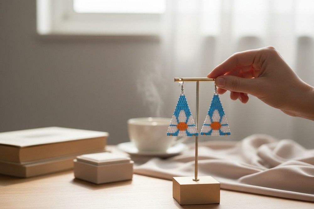Blue and White Beaded Daisy Earrings