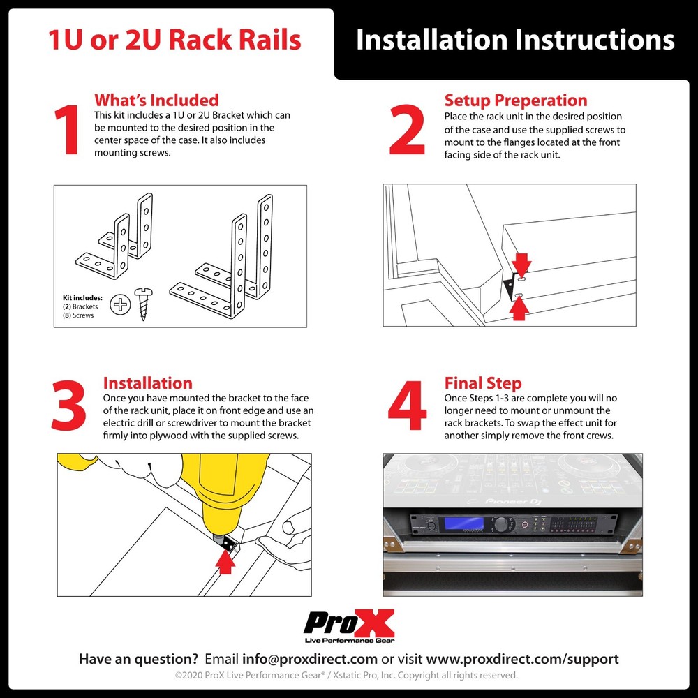 ProX XS-RSS1U 1U One Unit Rack Rails L Shape Bracket for DJ Controller Cases