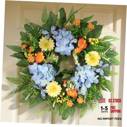 24in Hydrangea Spring Wreaths for Front Door - Summer Hydrangea & Butterfly