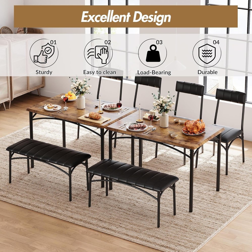 Dining Table Set 4 Space-Saving Wood Kitchen Table W/ Upholstered Bench & 2