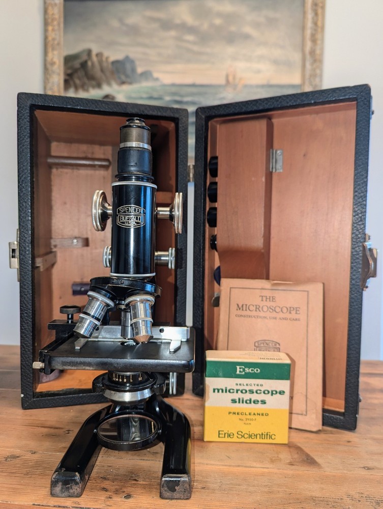 Vintage Spencer Microscope w/ Case, Objectives, Manual & Mechanical Stage