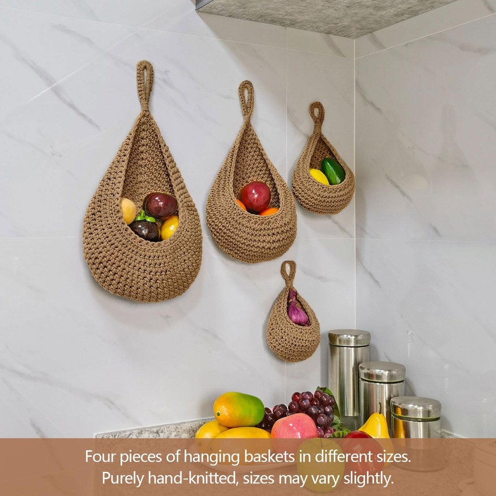 4 Pack Hanging Fruit Baskets for Kitchen-Boho Wall Hanging Basket with 8 Pcs ...
