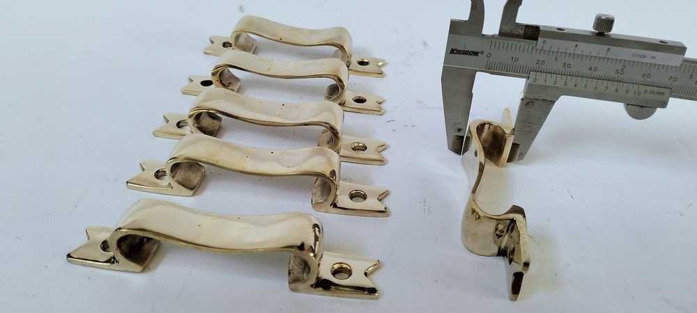 6 PULLS 4" handle heavy ribbon solid heavy brass old style kitchen GRAB 10 cm