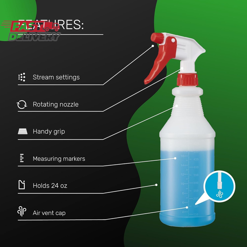 SUPER+ 2 Pack Plastic Spray Bottles 24 OZ – Leak Proof, Adjustable Nozzle, Empty