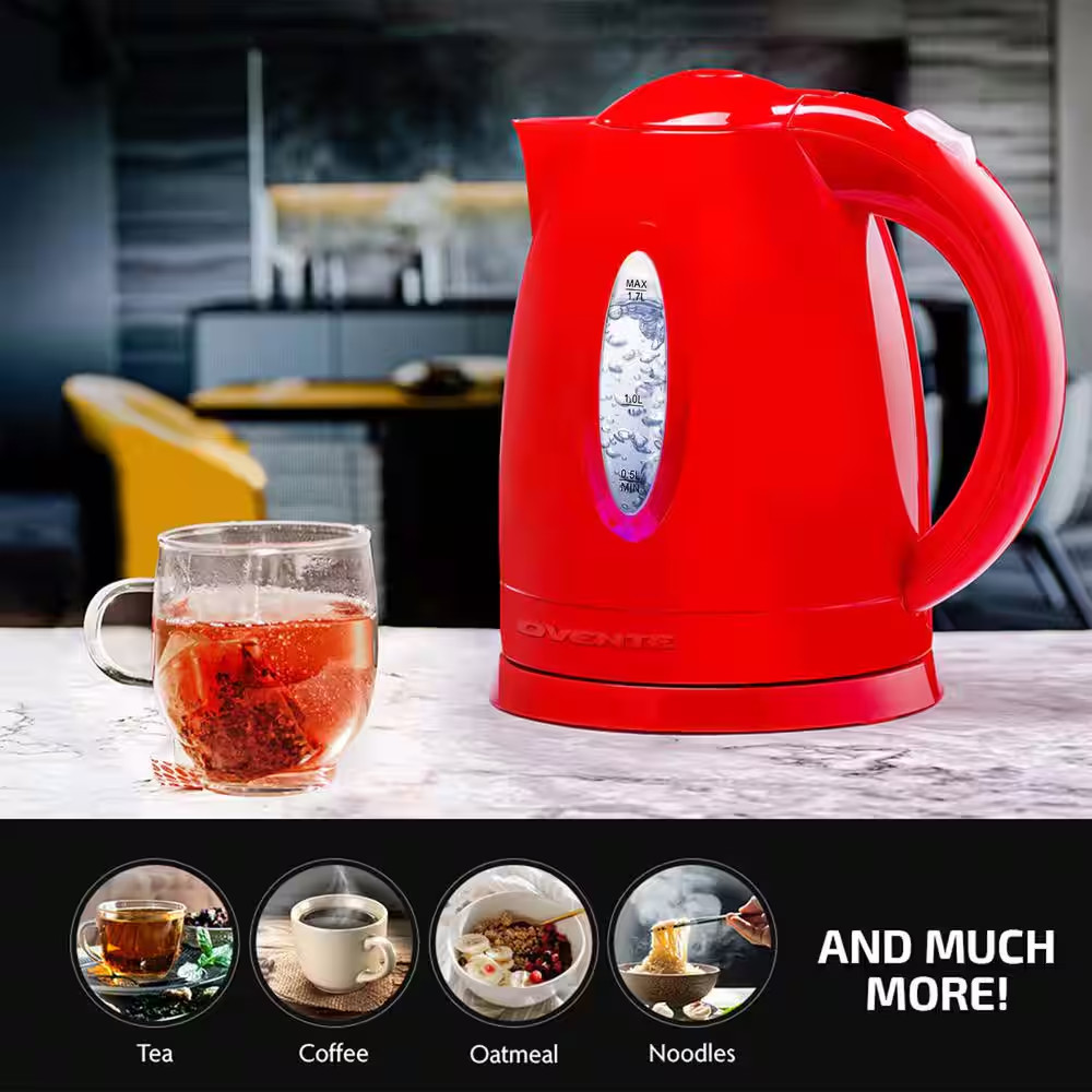 OVENTE KP72R 7-Cup Electric Kettle – Red, BPA-Free, Auto Shut-Off, 1100W