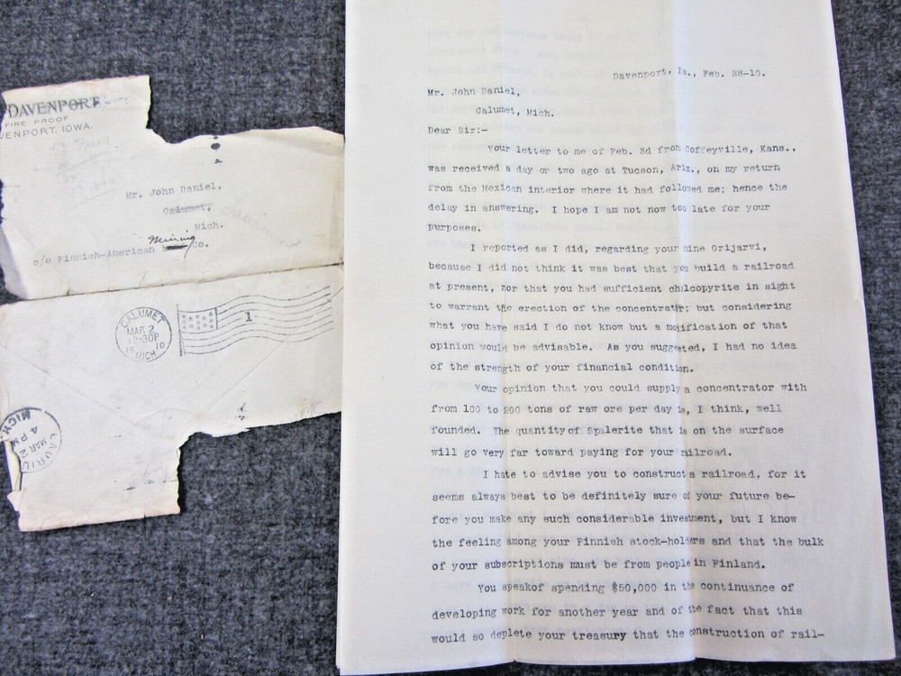 Copper Mining History 3pp Letter SIGNED Dwight Woodbridge to John Daniel 1910