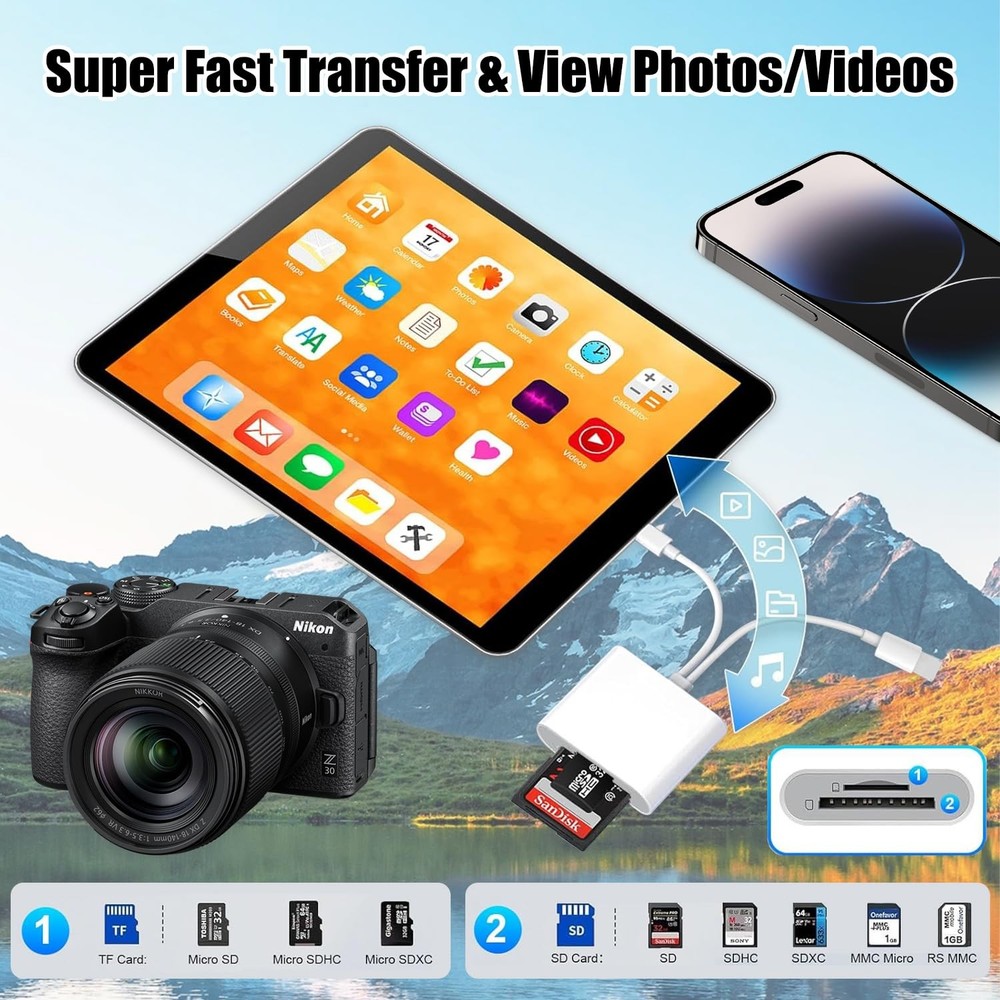 MicroSD Memory SD Card Reader iPhone iPad Dual Port Lightning USB Type C Adapter