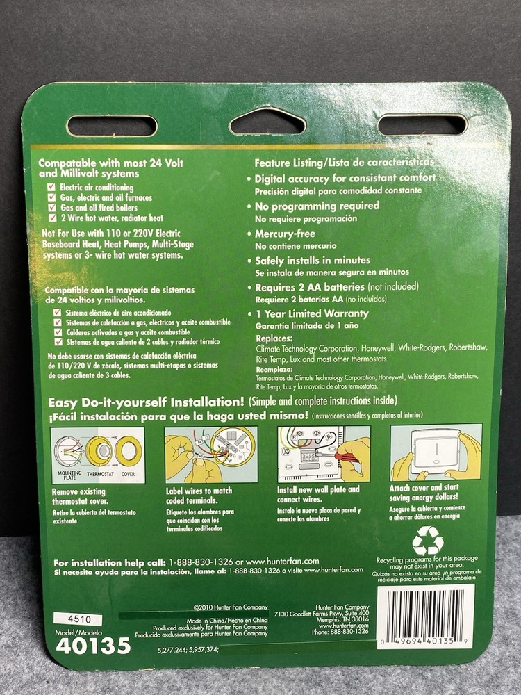 Hunter Electronic Thermostat For Heating and Cooling Systems Model 40135 New