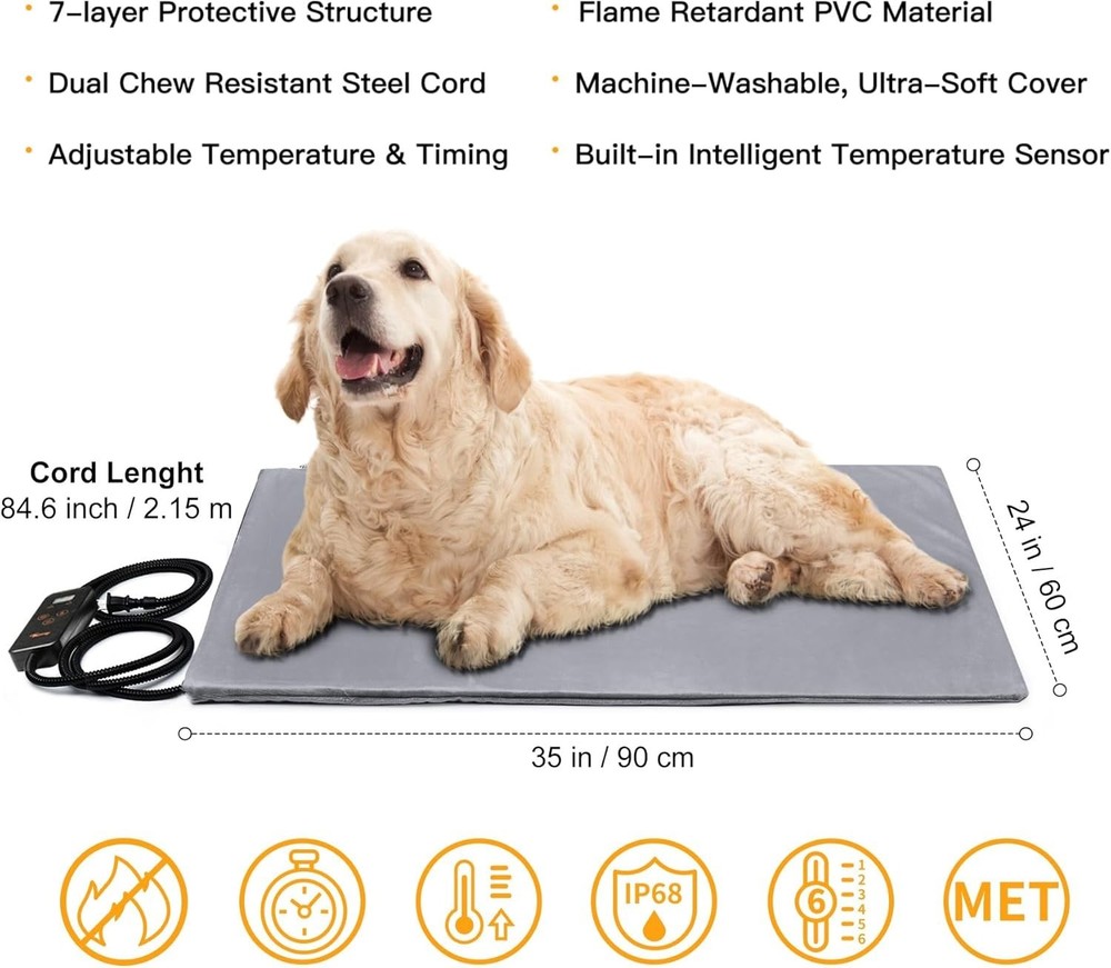 Compact Heated Pet Bed Mat 35x24 - Waterproof, Chew Resistant, User-Friendly