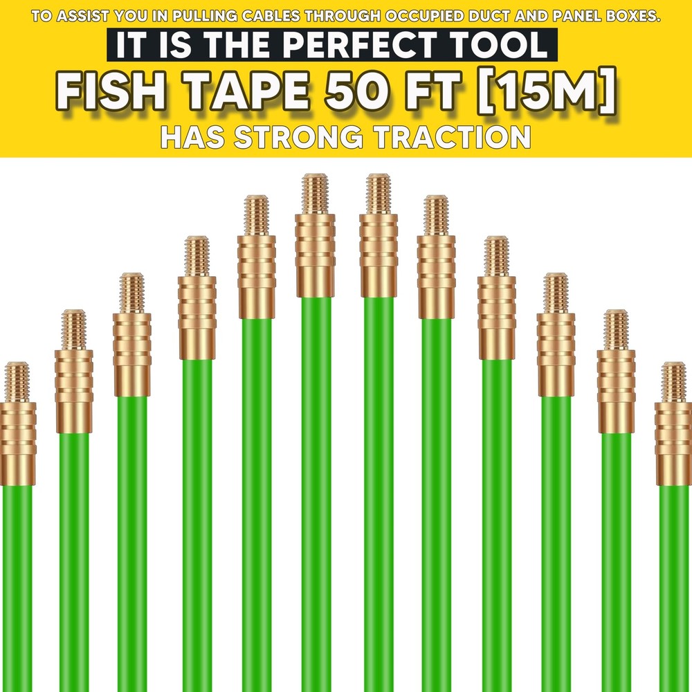 Fiberglass Fish Tape 22FT Electrical Wire Pulling Kit with Attachments for Ca...