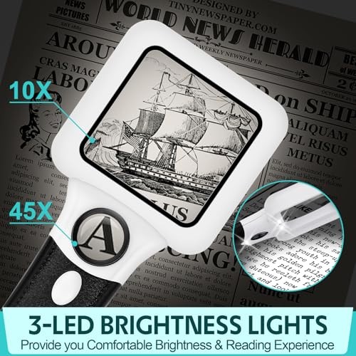 Compact Magnifying Glass with Lights,45X0X 1 1 Pack Black Handle&white Frame