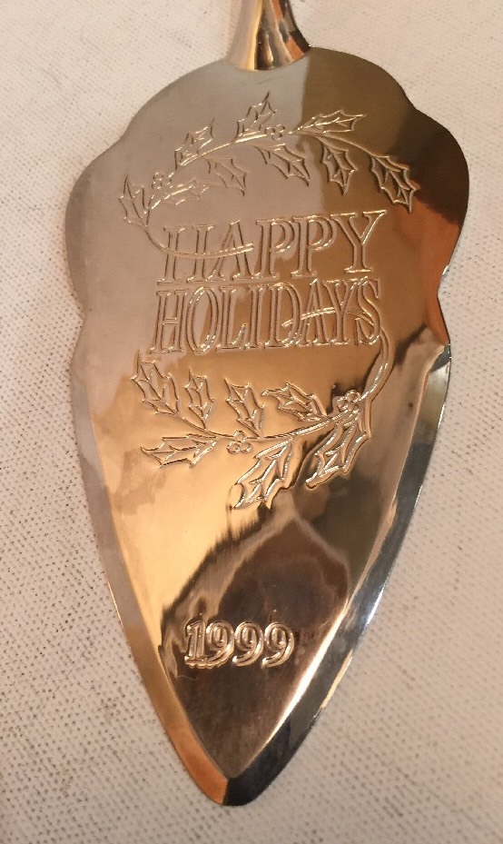 Silverplate Two Cake Pie Servers Flatware " Happy Holiday" & "Christmas Greeting