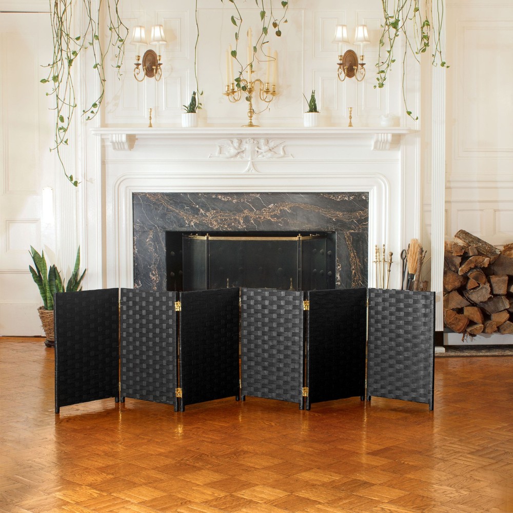 2 ft. Short Woven Fiber Folding Screen - 6 Panel - Black
