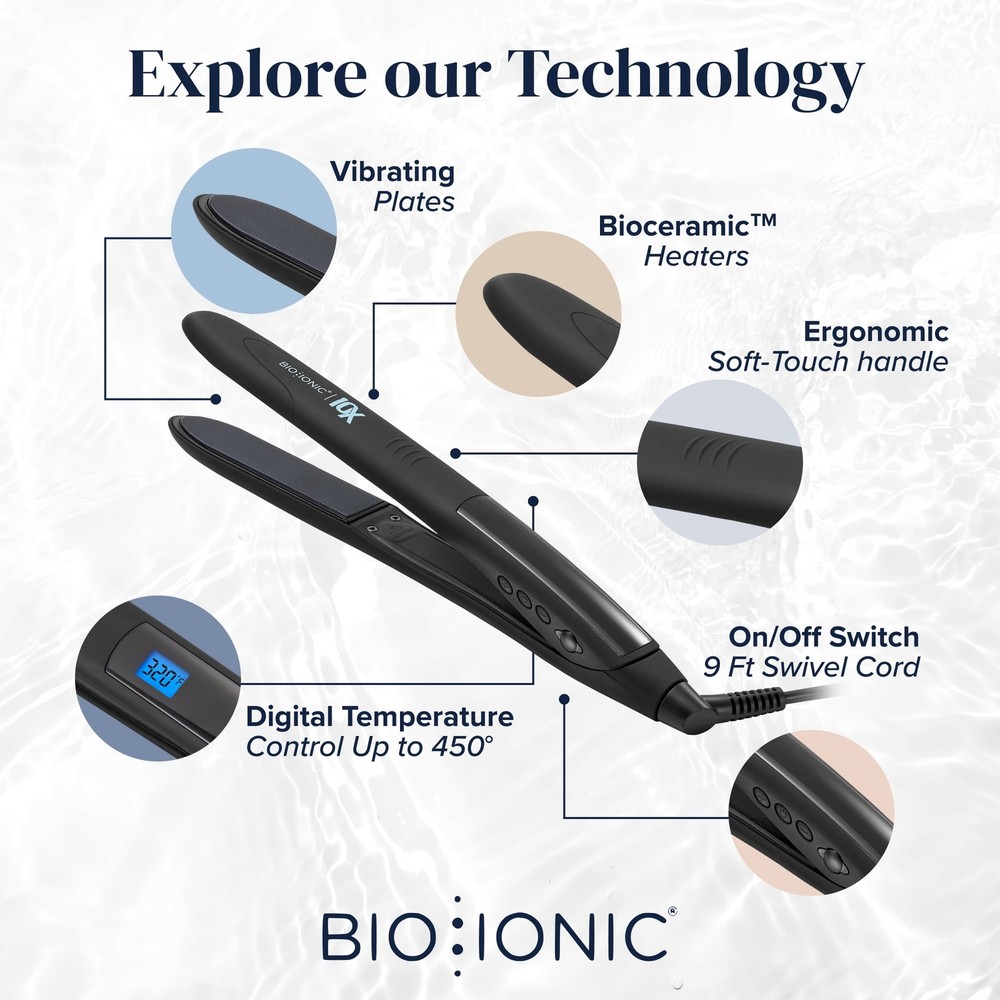 Bio Ionic 10X Styling Flat Iron, 1 Inch Sonic Vibrating Ceramic Plates,