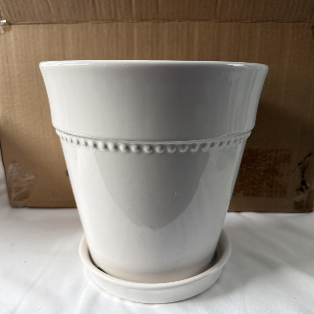 2 Pack 8” Ceramic Beaded Planter White Southern Patio