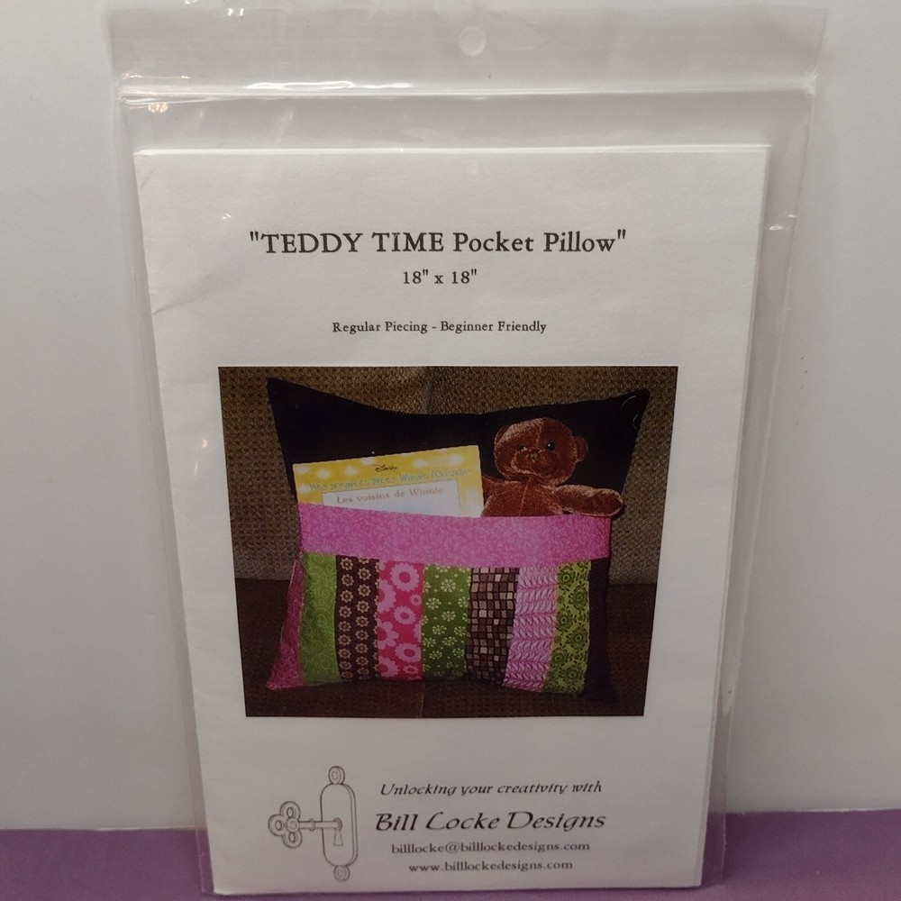 Teddy Time Pocket Pillow Pattern 18" x 18 " Beginner Friendly Uncut Paper Packet
