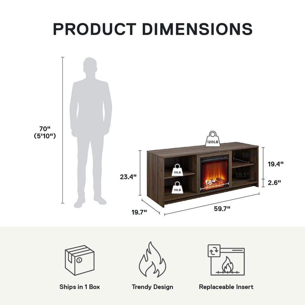 Fireplace TV Stand for TVs up to 65", Walnut